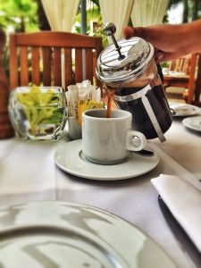 Morning french press coffee at Sublime Samana evokes the feeling of morning breakfast service at the hotel